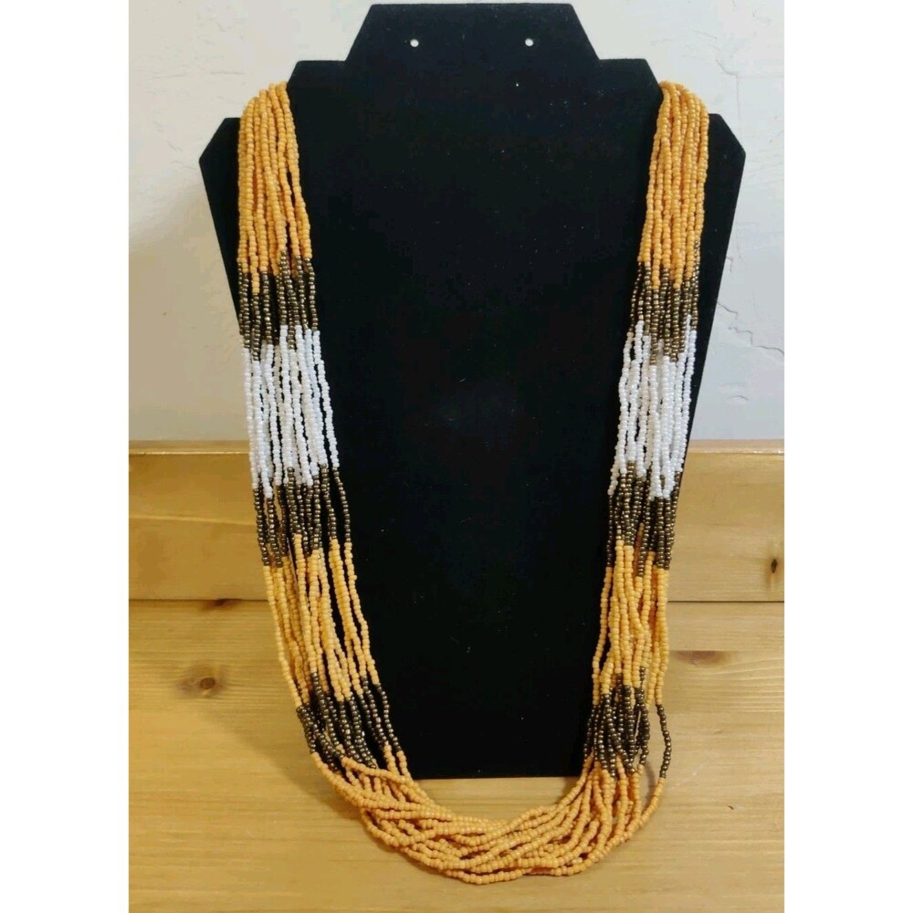 Beaded Statement Necklace Multistrand Orange White Bronze Seeded Women 30"